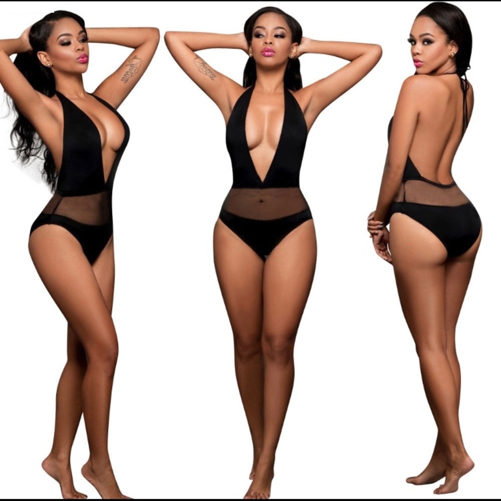 Black S V-Neck One-Piece Swimsuit